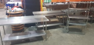 3 X STAINLESS STEEL PREPARATION TABLE'S ONE WITH 4 SHELVES SIZE L90 W60 H150 CM AND TWO TIER TABLES ONE SIZE L180 W60 H 90 CM TWO SIZE L170 W 60 H 89 CM