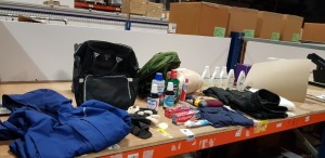 25 PIECE MIXED LOT CONTAINING BERGHAUS HOODED JACKET SIZE S, VARIOUS MOUTH WASH LIQUIDS, LEQUEEN BACKPACK, MOUNTAINWEAR HOUSE BACKPACK, JOHNSONS BODYWASH, DONNEY SPORTS SOCKS, ETC