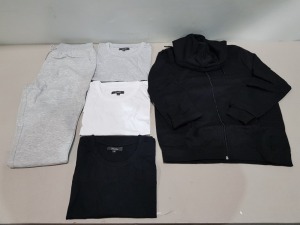 40 X BRAND NEW MIXED STUDIO CLOTHING LOT CONTAINING PACK OF 3 T-SHIRTS IN GREY, WHITE AND BLACK - GREY JOGGERS - BLACK FULL ZIP JUMPERS IN VARIOUS SIZES