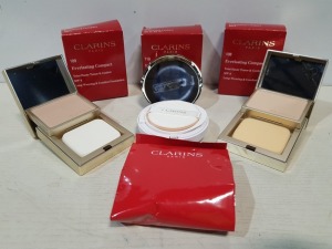 11 X BRAND NEW MIXED CLARINS PARIS MIXED FOUNDATION LOT TO INCLUDE 103 EVERLASTING CUSHION SPF50 FOUNDATION 13ML - 108 EVERLASTING CUSHION SPF50 FOUNDATION 13ML - 108 EVERLASTING COMPACT SPF9 FOUNDATION 10G - 110 EVERLASTING CUSHION SPF50 FOUNDATION 13ML