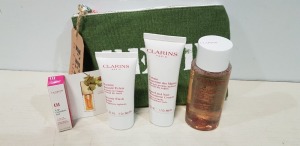 16 X BRAND NEW CLARINS GIFT BAGS CONTAINING BEAUTY BALM, HAND AND NAIL CREAM, CLEANSING MICELLAR AND LIP COMFORT OIL