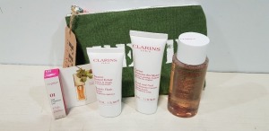 16 X BRAND NEW CLARINS GIFT BAGS CONTAINING BEAUTY BALM, HAND AND NAIL CREAM, CLEANSING MICELLAR AND LIP COMFORT OIL