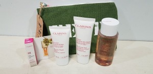 15 X BRAND NEW CLARINS GIFT BAGS CONTAINING BEAUTY BALM, HAND AND NAIL CREAM, CLEANSING MICELLAR AND LIP COMFORT OIL