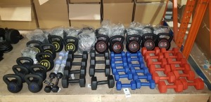 65 X PIECE MIXED WEIGHT'S CONTAINING DUMBELL'S IN DIFFERENT COLOURS BLACK , BLUE , RED AND WEIGHT 1KG , 2KG 3KG , KETTLEBELL'S WEIGHT'S 5KG , 10KG , 15KG ON HLAF A BAY