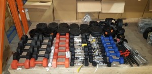 50 + PIECE MIXED WEIGHT-LIFTING EQUIPMENT LOT CONTAINING DUMBBELLS IN VARIOUS COLOURS BLACK , RED AND BLUE WITH VARIOUS WEIGHT 1KG , 2KG , 3KG , 3.5KG , WEIGHT PLATE'S 1KG 1.5KG ,2.5KG , DUMBBELL BAR'S ECT ON HALF A BAY