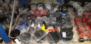 50 + PIECE MIXED WEIGHT-LIFTING EQUIPMENT LOT CONTAINING DUMBBELLS IN VARIOUS COLOURS BLACK , RED AND BLUE WITH VARIOUS WEIGHT 1KG , 2KG , 3KG , 10KG , WEIGHT PLATE'S 1KG 1.5KG ,2.5KG , DUMBBELL BAR'S ECT ON HALF A BAY