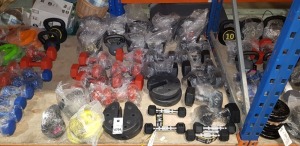 50 + PIECE MIXED WEIGHT-LIFTING EQUIPMENT LOT CONTAINING DUMBBELLS IN VARIOUS COLOURS BLACK , RED WITH VARIOUS WEIGHT 1.5KG 2KG , 3KG , GAZEBO WEIGHTS , KETTLEBELL IN VARIOUS WEIGHTS 6KG , 10KG ,15KG ON HALF A BAY