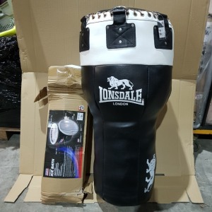 2 X PIECE BRAND NEW 1 LONSDALE LONDON HEAVY DUTY PUNCHING BAG IN BLACK AND WHITE , 1 SPORTS DIRECT PORTABLE ICE BATH 320 LITRES CAPACITY (NOTE BOX IN POOR CONDITION )