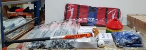 105 X PIECE BRAND NEW SLAZENGER HOCKEY COACH KIT THIS INCLUDES 24 HOCKEY STICKS , 24 FIELD HOCKEY BALLS , 44 TRAINING CONES , 12 BLUE VEST'S SIZE M , WITH ONE LARGE SLAZENGER SPORTS BAG ALL IN ONE LARGE BOX