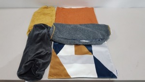 LARGE QUANTITY OF MIXED BRAND NEW LOT CONTAINING RHOOM CUSHION COVERS IN LIGHT BLUE , GREY , ORANGE AND MULTI-COLOURED , RHOOM HEAD REST COVERS IN BLACK , ORANGE AND GREY , AND WHITE , COVERLESS CUSHIONS ETC ON A FULL BAY IN 9 BOXES