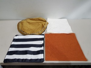 LARGE QUANTITY OF MIXED BRAND NEW LOT CONTAINING CUSHOO FOOT REST BEAN BAG COVERS IN PINK , DARK BLUE AND GOLD , RHOOM CUSHION COVERS IN WHITE AND ORANGE AND YELLOW , AND BLACK AND WHITE STRIPES , RHOOM HEAD REST COVER IN ORANGE ETC ON A FULL BAY IN 11 BO