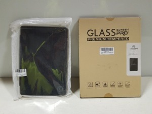 60 X BRAND NEW MIXED LOT CONTAINING VARIOUS UNIVERSAL TABLET CASES / TEMPERED GLASS AND SCREEN PROTECTORS - ON 1 SHELF