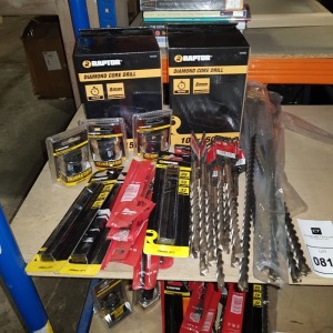 30 X BRAND NEW MIXED TOOL LOT CONTAINING 107 MM DIAMOND HOLE SAWS / MILWAUKEE SDS DRILL BITS / FLAT BITS / 450 MM SDS DRILL BITS ETC