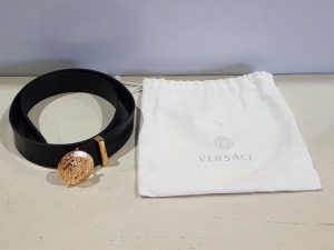 1 X VERSACE MEDUSA CRYSTAL EMBELLISHED BUCKLE BELT - 100% CALF LEATHER - INCLUDES BELT BAG ( STAMPED DCU 4954 / 85 / 34 ) OVERALL SIZE 41 INCH TO FIT WAISTS 32-36 INCH