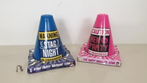 384 X BRAND NEW HEN PARTY WARNING CONES - STAG PARTY AND HEN PARTY IN PINK AND BLUE IN 16 BOXES