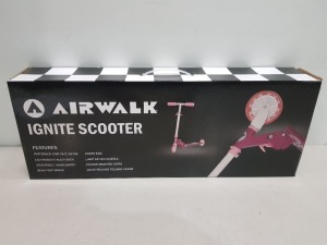 12 X BRAND NEW AIRWALK IGNITE FOLDING SCOOTERS INCLUDES CARRY BAG AND LED LIGHT UP WHEELS - ALL IN JUNIOR SIZE - ALL IN PURPLE/ WHITE COLOUR - IN 2 BOXES OF 6