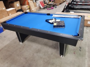 1 X BUILT CALLISTO 7 FT FULL SIZE HEAVY DUTY PROFESSIONAL POOL TABLE WITH ADJUSTABLE HEIGHT FEET AND DROP POCKETS - COMPLETE WITH 2 X FULL SIZE CUES / CUES/ BALLS/ TRIANGLE / CHALK AND BRUSH - - SOME STAINS ON TABLE TOP