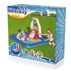 6 X BRAND NEW BESTWAY LIFEGUARD TOWER PLAY CENTRE POOL - WATER TOWER SPAYER - REMOVABE SLIDE WITH TIE ROPES - SHARK POP BAG (2.34 M 2.03 M X 1.29 M ) RRP £ 39.99 - TOTAL £ 239.94