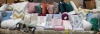 30+ BRAND NEW MIXED BEDDING LOT THIS INCLUDES IBENA BED THROWS IN GREEN AND WHITE STRIPED SIZE 150 X 200CM , THE FINE BEDDING COMPANY PILLOWS SIZE 74 X 48 CM , D & D DOUBLE DUVET COVER SETS IN FLORAL DESIGN , STYLE FURNISHINGS CUSHIONS IN VARIOUS COLOURS