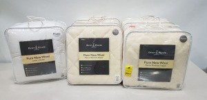 6 X BRAND NEW MIXED THE DUVET & PILLOW COMPANY LOT CONTAINING 3 PURE NEW WOOL FLEECE MATTRESS TOPPER'S SIZE SINGLE 90 X 190 CM AND 2 SUPERKING SIZE 180 X 200 CM AND ONE PURE NEW WOOL LUXURY DUVET SIZE DOUBLE 200 X 200 CM.