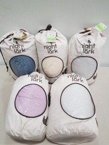 5 X BRAND NEW NIGHT LARK COVERLESS DUVET'S 3 SIZE KING 10.5 TOG 2 IN CLOUD GREY AND 1 TWILIGHT BLUE 2 SIZE DOUBLE 10.5 TOG IN WARM SAND AND LILAC BLOOM.