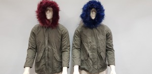 7 X BRAND NEW WOMEN'S BRAVE SOUL COAT'S WITH FAUX FUR HOOD TRIM 4 WITH BLUE FUR TRIM AND 3 WITH RED FUR TRIM SIZE 10 - RRP EACH £59.99 TOTAL £419.93