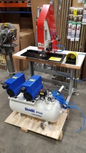 1 X 2023 JOVER PNEUMATIC EYELET MACHINE WITH THREADLE CONTROL ( MODEL 33FP ) WITH 1 X BAMBI PT50 OIL FREE AIR COMPRESSOR