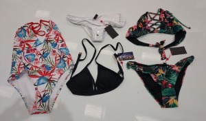 100 X BRAND NEW MIXED CLOTHING LOT CONTAINING SOUTH BEACH DEEP V EMBROIDED TIE SIDE BIKINI BOTTOMS / SOUTH BEACH STEFFI BIKINI TOPS / SOUTH BEACH FLORAL PRINT LATTICE FRONT BIKINI / SOUTH BEACH FLORAL ONE PIECE TANKINIS/SOUTH BEACH VIVKY BIKINI TOPS - A