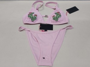 100 X BRAND NEW MIXED CLOTHING LOT CONTAINING SOUTH BEACH LILAC PINK TRIANGLE CACTUS EMBROIDERY BIKINI TOPS / SOUTH BEACH LILAC PINK TANGA BIKINI BOTTOMS - IN MIXED SIZES TO INCLUDE SIZE UK 10 / 12 / 14 ETC