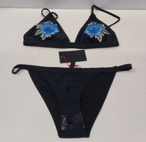 100 X BRAND NEW SOUTH BEACH 3D FLOWER PRINT TRIANGLE BIKINI TOPS - IN BLACK AND BLUE - IN MIXED SIZES TO INCLUDE SIZE UK8 / UK 10 / UK 14