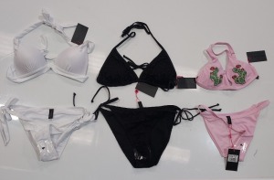 100 X BRAND NEW MIXED CLOTHING LOT CONTAINING SOUTH BEACH LILAC PINK TANGA BIKINI BOTTOMS / SOUTH BEACH HALTER BIKINI SETS SOUTH BEACH LACE CROCHET TRIANGLE BIKINI TOPS - ALL IN VARIOUS COLOURS AND SIZES TO INCLUDE SIZE UK 6 / UK 12 / UK 14 / ETC