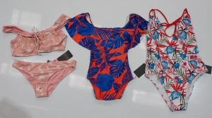 100 X BRAND NEW MIXED CLOTHING LOT CONTAINING SOUTH BEACH HI-NECK FRILL NEON PINK BIKINIS / CORAL FLORAL BARDOT LACE UP BIKINIS / SOUTH BEACH MARIE ONE PIECE TANKINI / TRIANGLE CACTUS BIKINI SETS - IN VARIOUS COLOURS AND SIZES TO INCLUDE UK 10 / UK 12/ U