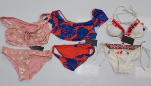 100 X BRAND NEW MIXED CLOTHING LOT CONTAINING SOUTH BEACH TRIANGLE BIKINI SET WITH EMBROIDERY AND TASSELS / SOUTH BEACH BLACK VICKY BIKINI TOP / SOUTH BEACH BARDOT TROPICAL PRINT BIKINI SET - IN VARIOUS COLOURS AND SIZES TO INCLUDE SIZE UK 8 / 10 / 14