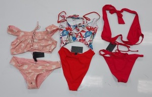 100 X BRAND NEW MIXED CLOTHING LOT CONTAINING SOUTH BEACH CORAL FLORAL BARDOT LACE UP BIKINI / SOUTH BEACH WRAP AROUND PINK BIKINI WITH STRAPS / SOUTH BEACH TROPICAL ONE PIECE BODY SUITS - IN VARIOUS COLOURS AND SIZES TO INCLUDE SIZE UK 6 / 12 / 14