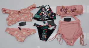 100 X BRAND NEW MIXED CLOTHING LOT CONTAINING SOUTH BEACH CORAL FLORAL BARDOT LACEUP UP BIKINI / SOUTH BEACH FLORAL PRINT LATTICE FRONT BIKINI / LILAC TRIANGLE RIBBED FRILL EDGE DETAIL BIKINI - IN VARIOUS COLOURS AND SIZES TO INCLUDE SIZE UK 6 / 8 / 10