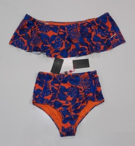 100 X BRAND NEW MIXED CLOTHING LOT CONTAINING SOUTH BEACH BARDOT GRILL TROPICAL PRINT BIKINI TOPS AND BOTTOMS - IN BLUE AND ORANGE - IN SIZES UK 12 AND UK 14