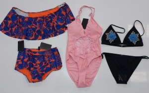 100 X BRAND NEW MIXED CLOTHING LOT CONTAINING SOUTH BEACH 3D FLOWER PRINT TRIANGLE BIKINI SETS / SOUTH BEACH BARDOT FRILL TROPICAL PRINT BIKINI TOPS / SOUTH BEACH HALTER BIKINI SETS - IN VARIOUS COLOURS AND SIZES TO INCLUDE SIZE UK 10 / 12