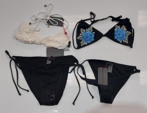 100 X BRAND NEW MIXED CLOTHING LOT CONTAINING SOUTH BEACH PRINTED BANDEAU BIKINI TOPS / SOUTH BEACH 3D FLOWER PRINT TRIANGLE BIKINI SETS / SOUTH BEACH LACE CROCHET TRIANGLE BIKINI TOPS - IN VARIOUS COLOURS AND SIZES TO INCLUDE SIZE UK 12 / 14 / 16