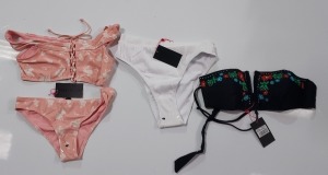 100 X BRAND NEW MIXED CLOTHING LOT CONTAINING SOUTH BEACH WHITE RIBBED HIGH LEG BIKINI BOTTOMS / SOUTH BEACH DEEP V EMBROIDERED BIKINI TOPS / SOUTH BEACH CORAL FLORAL BARDOT LACE UP BIKINI SETS - IN VARIOUS COLOURS AND SIZES TO INCLUDE UK 8 / 10 / 16