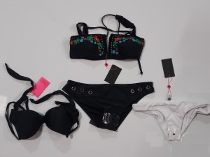 100 X BRAND NEW MIXED CLOTHING LOT CONTAINING SOUTH BEACH MIX AND MATCH HIPSTER BIKINI BOTTOMS / SOUTH BEACH EYELET DETAIL BIKINI BANDEAU / SOUTH BEACH DEEP V EMBROIDERED BANDEAU BIKINI TOPS - IN VARIOUS COLOURS AND SIZES TO INCLUDE SIZE UK 4 / 10 / 12 / 