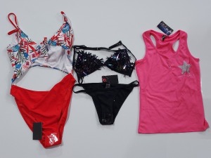 100 X BRAND NEW MIXED CLOTHING LOT CONTAINING SOUTH BEACH TROPICL PRINT ONE PIECE TANKINIS / SOUTH BEACH WHITE ELASTIC ONE PIECE TANKINIS / SOUTH BEACH CONFETTI STYLE BIKINI SETS - IN VARIOUS COLOURS AND SIZES TO INCLUDE UK4 / 10 / 16