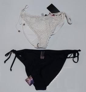 100 X BRAND NEW MIXED CLOTHING LOT CONTAINING SOUTH BEACH LIGHT CORAL PINK MIX AND MATCH BIKINI BOTTOMS / SOUTH BEACH WHITE LACE BIKINI BOTTOMS / SOUTH BEACH BLACK SIDE TIE BIKINI BOTTOMS - IN VARIOUS SIZES TO INCLUDE SIZE UK 8 / 10 / 14