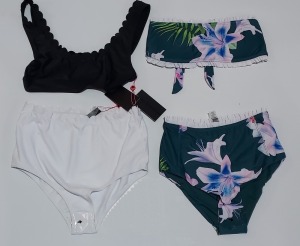 100 X BRAND NEW MIXED CLOTHING LOT CONTAINING SOUTH BEACH FLORAL BANDEAU AND HI WAISTFRILL BIKINI SETS / SOUTH BEACH WHITE MIX AND MATCH BIKINI BOTTOMS - IN VARIOUS SIZES TO INCLUDE UK 8 / 10 / 12