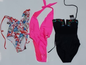 100 X BRAND NEW MIXED CLOTHING LOT CONTAINING SOUTH BEACH LIGHT CORAL FLORAL BARDOT LACE UP BIKINI SETS / SOUTH BEACH BLACK MESH PANEL DEEP V EMBROIDED BANDEAU SWIM SUIT / SOUTH BEACH RED AND WHITE STRIPED ONE PIECE TANKINIS - ALL IN VARIOUS COLOURS AND S