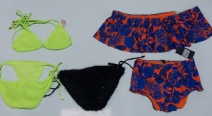 100 X BRAND NEW MIXED CLOTHING LOT CONTAINING SOUTH BEACH VICKY NEON PINK BIKINI TOPS / RIVER ISLAND EDGY IT FLAIRED BIKINI SETS / SOUTH BEACH TROPICAL PRINT BARDOT FRILL BIKINI TOP / SOUTH BEACH DEEP V EMBROIDED BIKINI TOPS - ALL IN VARIOUS COLOURS AND S