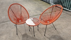 3 PC ORANGE STRING BISTRO SET COMPRISING ROUND COFFEE TABLE WITH TEMPERED GLASS TOP AND 2 SINGLE CHAIRS - BRAND NEW, TABLE BOXED