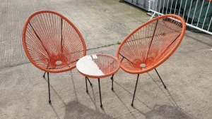 3 PC ORANGE STRING BISTRO SET COMPRISING ROUND COFFEE TABLE WITH TEMPERED GLASS TOP AND 2 SINGLE CHAIRS - BRAND NEW, TABLE BOXED