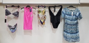 100 X BRAND NEW MIXED CLOTHING LOT CONTAINING SOUTH BEACH BROOKLYN-WAFFLE KNIT VESTS / DAVID COSTUME DA BAGNO BIKINI SETS / SOUTH BEACH BLACK MESH PANEL DEEP V EMBROIDERED BANDEAU / MITZY PAISLEY MAXI DRESSES ETC - ALL IN VARIOUS COLOURS AND SIZES FROM 