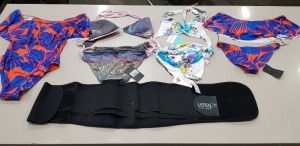 100 X BRAND NEW MIXED CLOTHING LOT CONTAINING SOUTH BEACH CORAL BIKINI SETS / GASPE SHOULDER STRAP NIGHT GOWNS / SOUTH BEACH BLACK MESH PANEL DEEP V EMBROIDERED BANDEAU/ LATEXFIT WAIST SHAPER BELT IN BLACK - IN VARIOUS COLOURS AND SIZES FROM XS - L