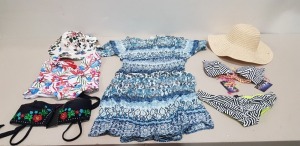 100 X BRAND NEW MIXED CLOTHING LOT CONTAINING SOUTH BEACH BANDEAU BIKINI SET WITH FLORAL APPLIQUE / SOUTH BEACH PLAIN WHITE BIKINI SET / SOUTH BEACH FLORAL 3D BIKINI TOPS / PISTACHIO MAXI DRESSES / WOVEN HATS ETC - ALL IN VARIOUS COLOURS AND SIZES TO INC